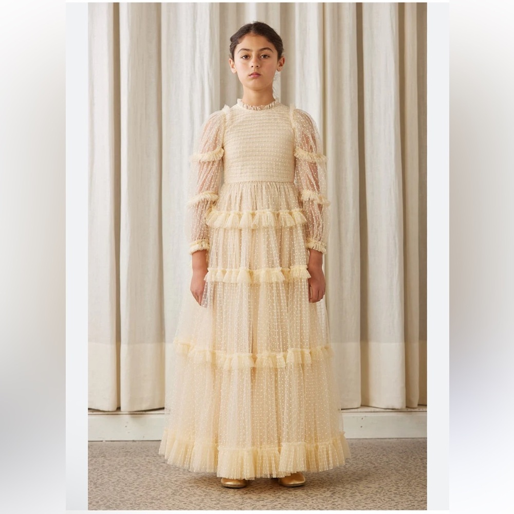 Petite Amalie Cream Tulle Pleated Frill Dress maxi size 10 long sleeve Swiss dot